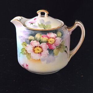 Antique Nippon Hand-Painted Porcelain Teapot With Floral Design & Gold Accents